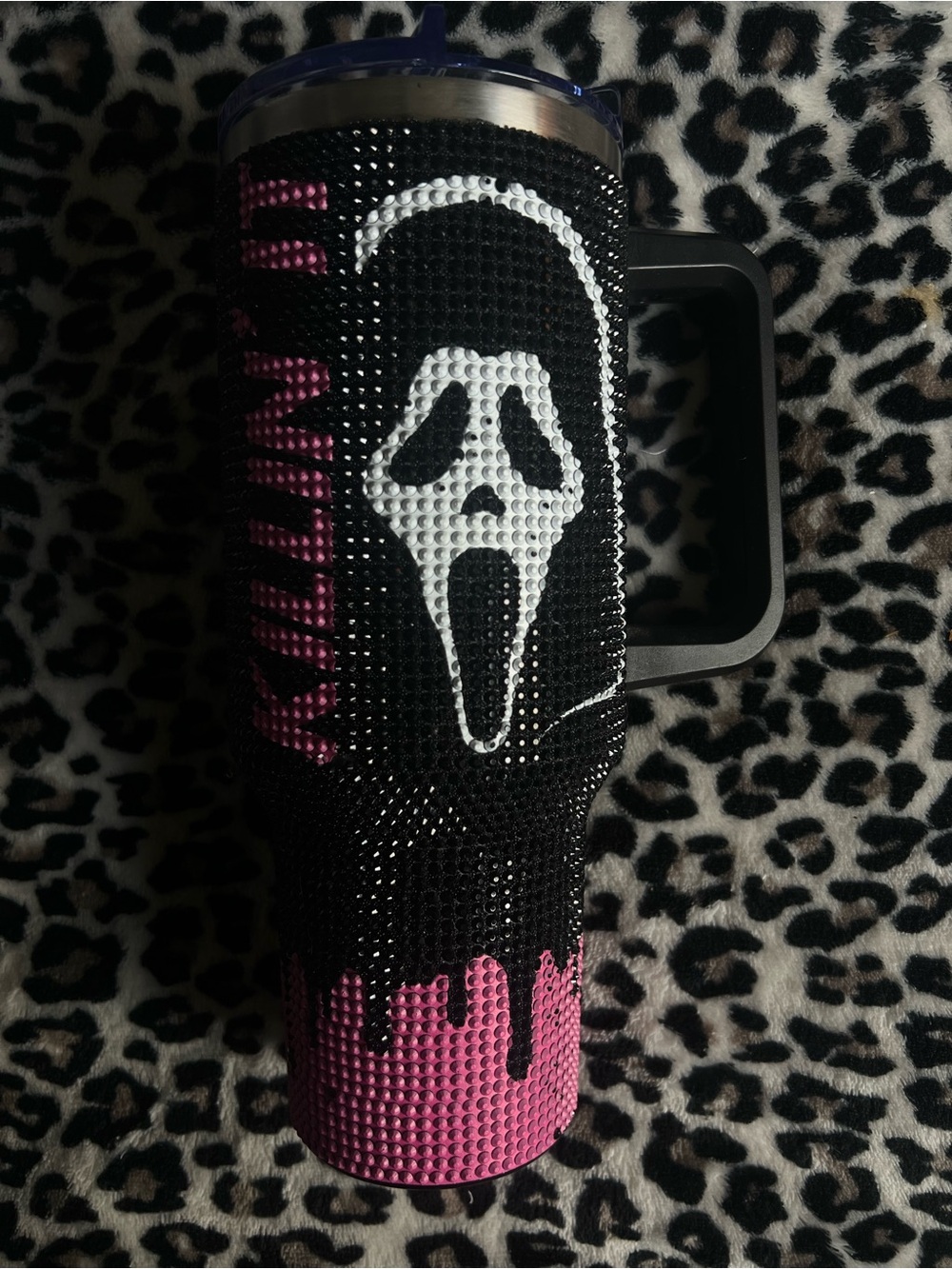 Black and Pink Scream Rhinestone Travel Tumbler - Unbranded
